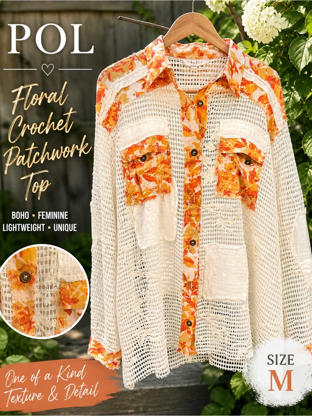 POL Floral Crochet Patchwork Button Down Top Boho Lace Gauze Shirt M NWT - Picture 2 of 12